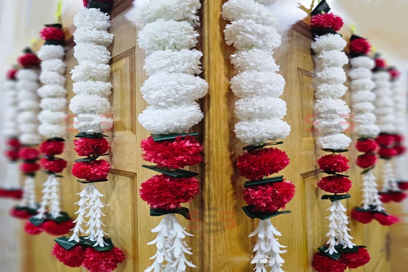 S2S Artificial Marigold Jasmine, Mogra, Green Leaves Tassles Garlands Ladi Strings for Decoration of Home, Balcony, Wall Hangings, Hall | Pack of 5 | (RED White Marigold)(Height - 24 Inch) - Image 4