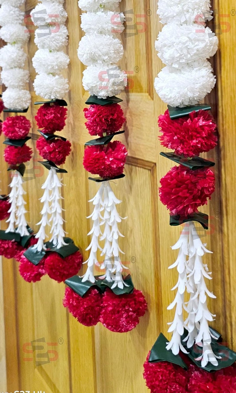 S2S Artificial Marigold Jasmine, Mogra, Green Leaves Tassles Garlands Ladi Strings for Decoration of Home, Balcony, Wall Hangings, Hall | Pack of 5 | (RED White Marigold)(Height - 24 Inch) - Image 2