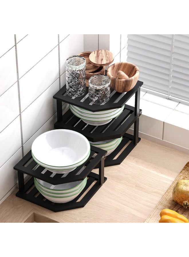 VERTORGAN Bamboo Corner Shelf(3 Pack),2 Tier Plate Organizer for Cabinet and Countertop,Pantry Dish and Spice Rack for Kitchen(Black) - Image 4