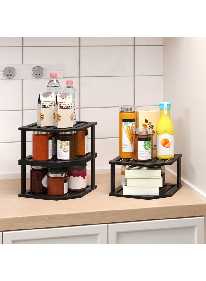 VERTORGAN Bamboo Corner Shelf(3 Pack),2 Tier Plate Organizer for Cabinet and Countertop,Pantry Dish and Spice Rack for Kitchen(Black) - Image 2