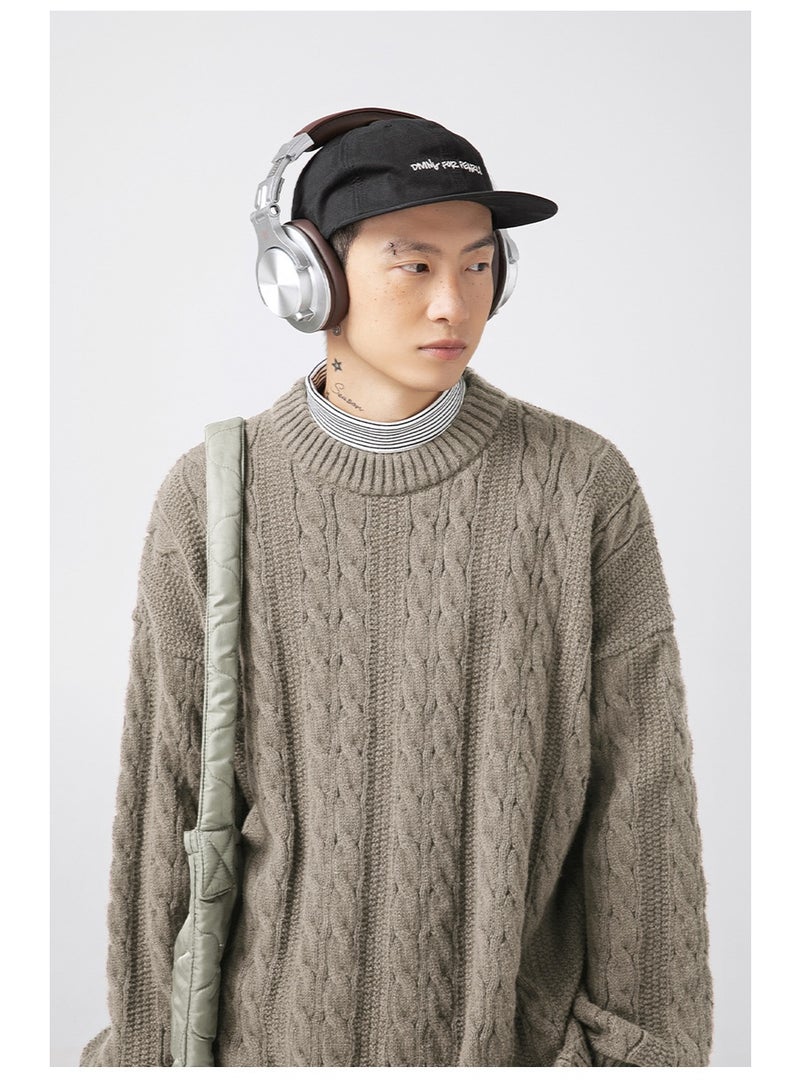 NIBEMINENT Twisted Craft Retro Round Neck Sweater Men's Autumn and Winter Solid Color Loose Twisted Thread Coat Knit Jacket Keep Warm - Image 2