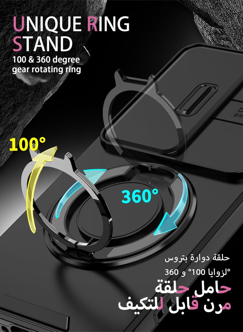 عش زي غلاف فيفو V50 5G بغطاء كاميرا منزلق، ملمس ناعم، مغناطيس قوي جداً، حامل حلقة دوارة 360 درجة، حماية ضد الصدمات مع وسائد هوائية بارتفاع خفيف عند الزوايا، أسود، 1 قطعة - Image 4