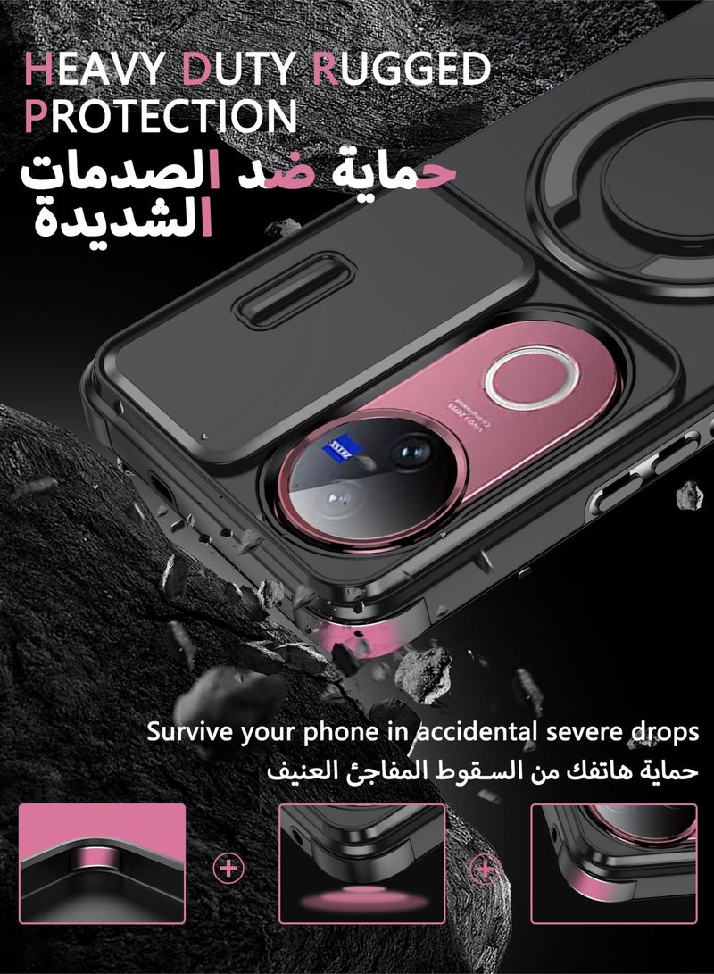 عش زي غلاف فيفو V50 5G بغطاء كاميرا منزلق، ملمس ناعم، مغناطيس قوي جداً، حامل حلقة دوارة 360 درجة، حماية ضد الصدمات مع وسائد هوائية بارتفاع خفيف عند الزوايا، أسود، 1 قطعة - Image 3