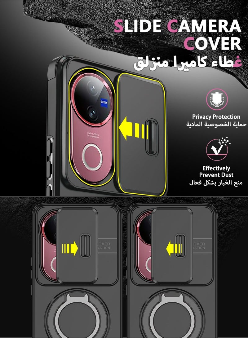 عش زي غلاف فيفو V50 5G بغطاء كاميرا منزلق، ملمس ناعم، مغناطيس قوي جداً، حامل حلقة دوارة 360 درجة، حماية ضد الصدمات مع وسائد هوائية بارتفاع خفيف عند الزوايا، أسود، 1 قطعة - Image 2