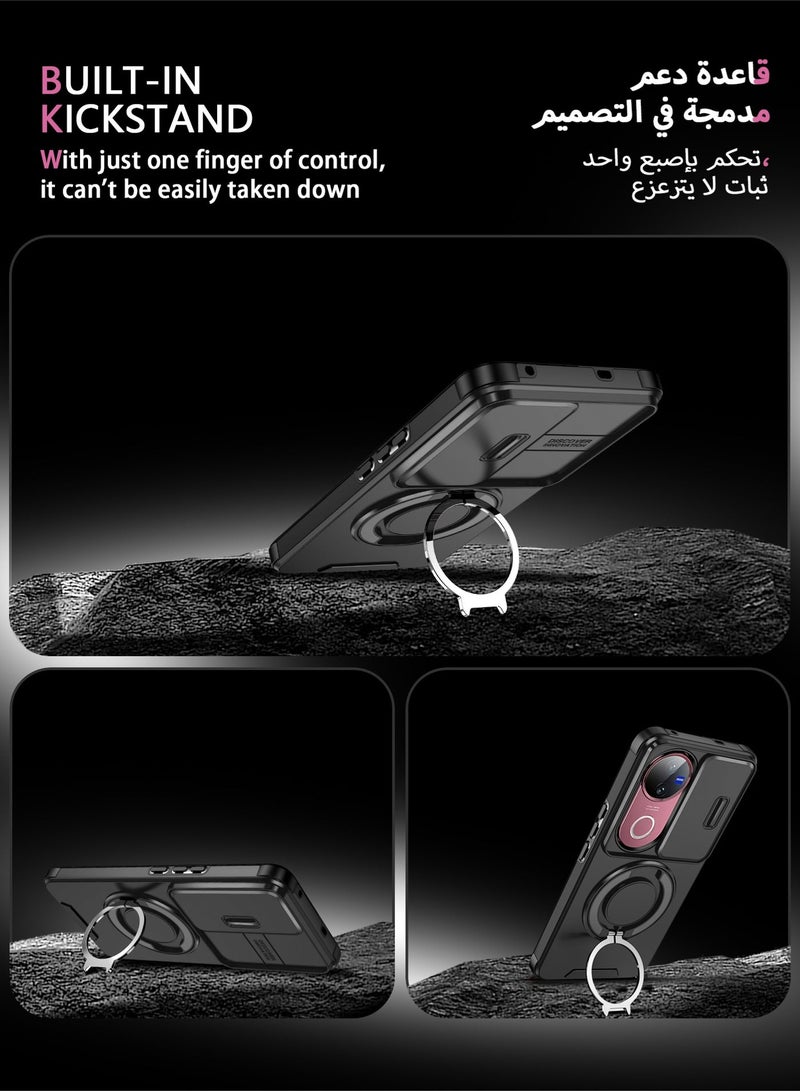 عش زي غلاف فيفو V50 5G بغطاء كاميرا منزلق، ملمس ناعم، مغناطيس قوي جداً، حامل حلقة دوارة 360 درجة، حماية ضد الصدمات مع وسائد هوائية بارتفاع خفيف عند الزوايا، أسود، 1 قطعة - Image 5