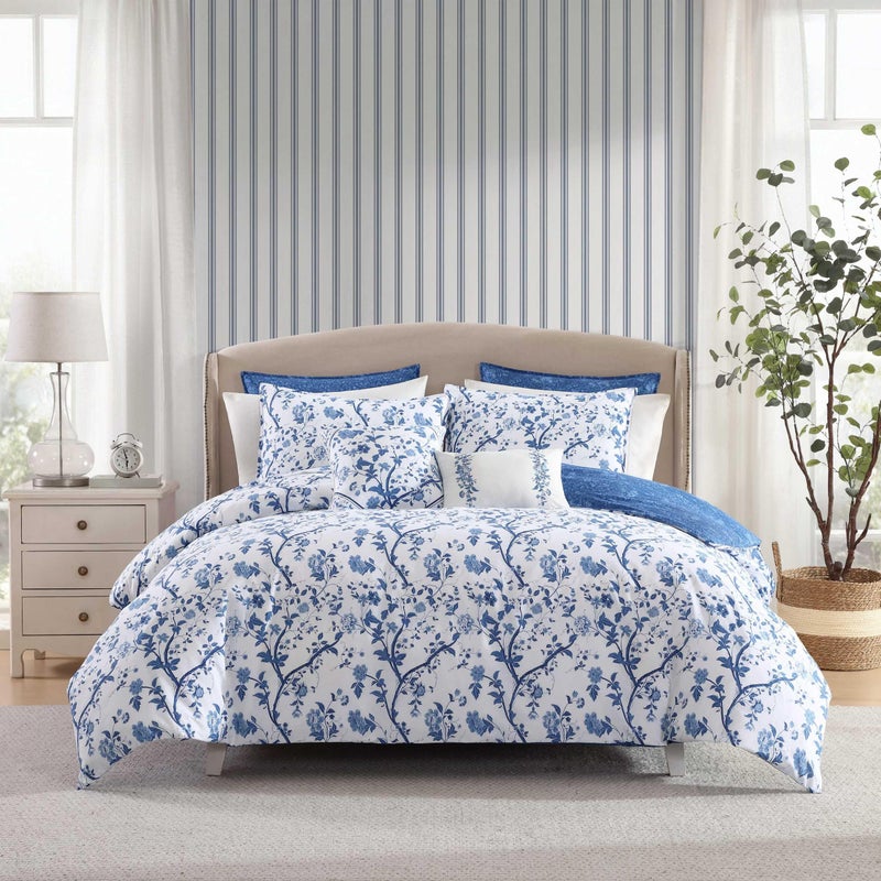 Laura Ashley Home Laura Ashley  King Comforter Set Reversible Cotton Bedding Includes Matching Shams with Bonus Euro Shams  Throw Pills Elise Blue King 