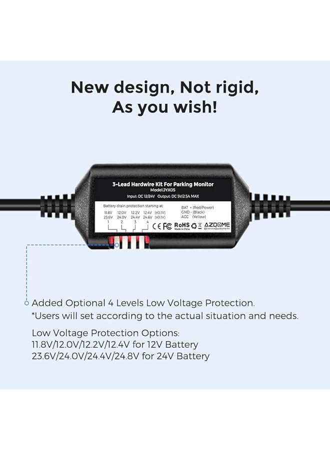 AZDOME 3-Lead Acc Wire Kit With Usb Type-C Port For M550 Max, M550, M550 Pro, M300S, Pg17, Gs63Pro Cameras, 12 Feet, 24 Hour Parking Monitoring, 12V-24V To 5V/2.5A Converter, Low Voltage Protection. - Image 2