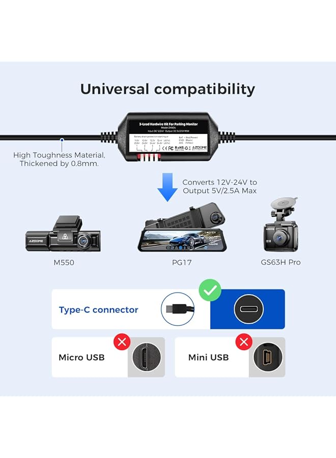 AZDOME 3-Lead Acc Wire Kit With Usb Type-C Port For M550 Max, M550, M550 Pro, M300S, Pg17, Gs63Pro Cameras, 12 Feet, 24 Hour Parking Monitoring, 12V-24V To 5V/2.5A Converter, Low Voltage Protection. - Image 3