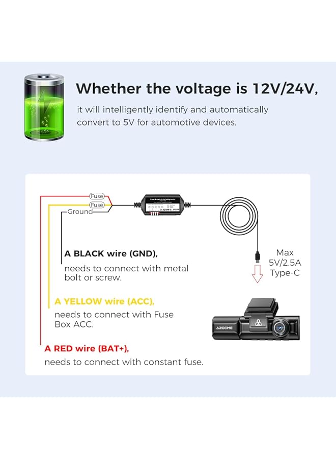 AZDOME 3-Lead Acc Wire Kit With Usb Type-C Port For M550 Max, M550, M550 Pro, M300S, Pg17, Gs63Pro Cameras, 12 Feet, 24 Hour Parking Monitoring, 12V-24V To 5V/2.5A Converter, Low Voltage Protection. - Image 4