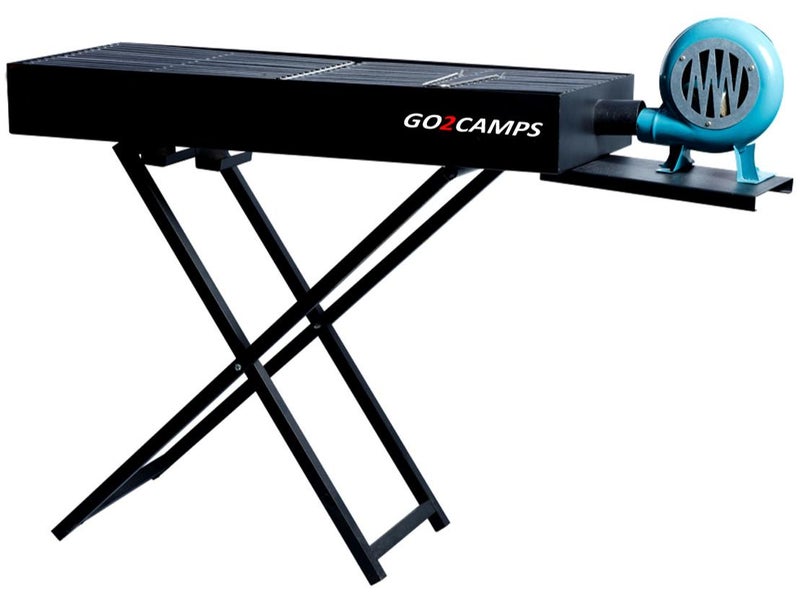 GO2CAMPS Barbeque Grill with Fan-110 cm Length | BBQ Grill X Shape Stand Grill with Hand fan Blower Large-110 CM | Alsaqer Charcoal Barbeque Grill with Blower Fan (Black) - Image 1