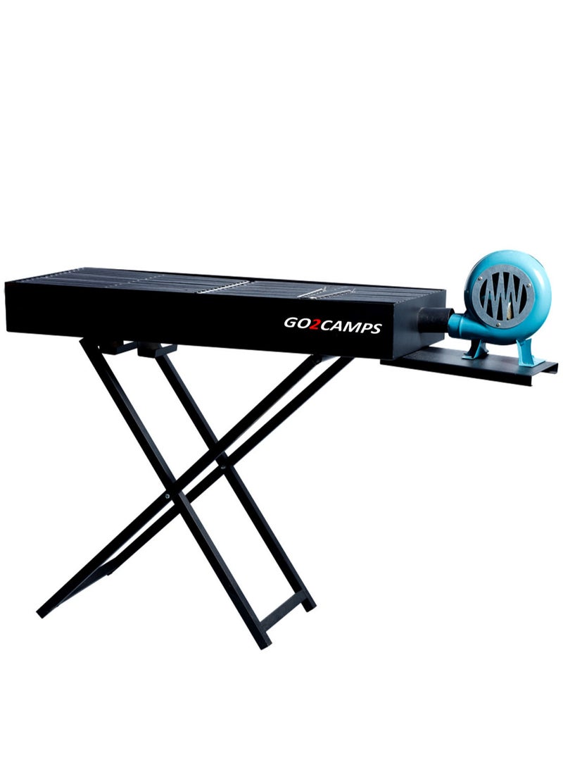 GO2CAMPS Barbeque Grill with Fan-110 cm Length | BBQ Grill X Shape Stand Grill with Hand fan Blower Large-110 CM | Alsaqer Charcoal Barbeque Grill with Blower Fan (Black)  - Image 1