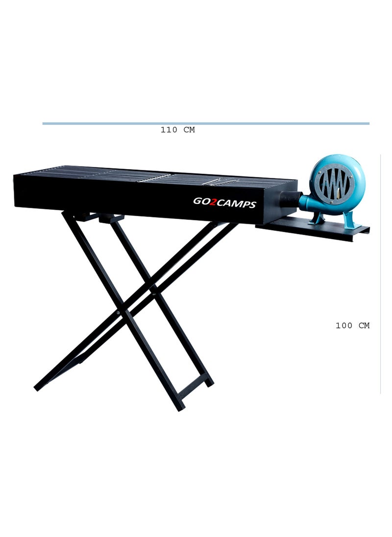GO2CAMPS Barbeque Grill with Fan-110 cm Length | BBQ Grill X Shape Stand Grill with Hand fan Blower Large-110 CM | Alsaqer Charcoal Barbeque Grill with Blower Fan (Black)  - Image 2