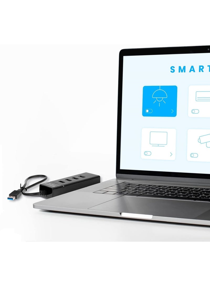 موزع USB 3.0 محمول بأربعة منافذ، سرعة فائقة 5 جيجابت في الثانية / USB 2.0 480 ميجابت في الثانية، محول LED فائق النحافة لأجهزة الكمبيوتر الشخصية واللاب توب والدفتر وأجهزة USB - أسود - Image 3