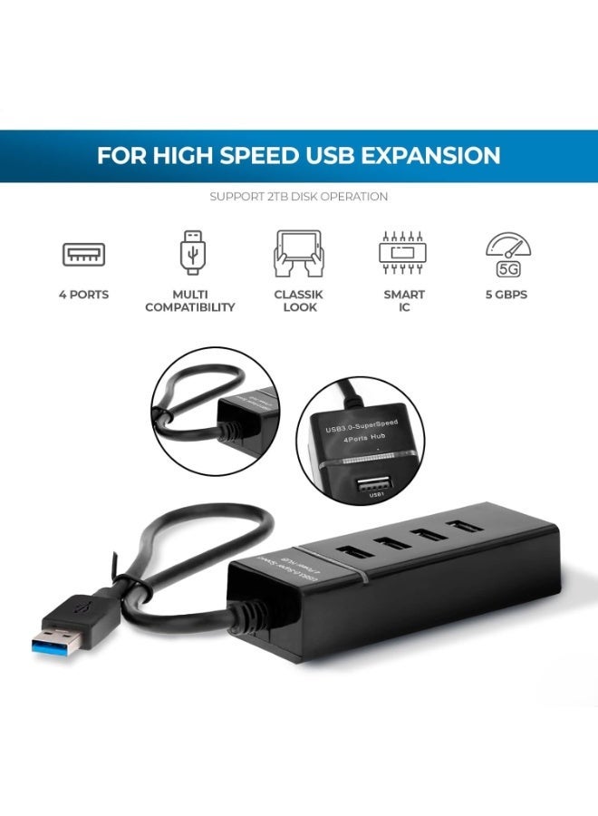 موزع USB 3.0 محمول بأربعة منافذ، سرعة فائقة 5 جيجابت في الثانية / USB 2.0 480 ميجابت في الثانية، محول LED فائق النحافة لأجهزة الكمبيوتر الشخصية واللاب توب والدفتر وأجهزة USB - أسود - Image 2