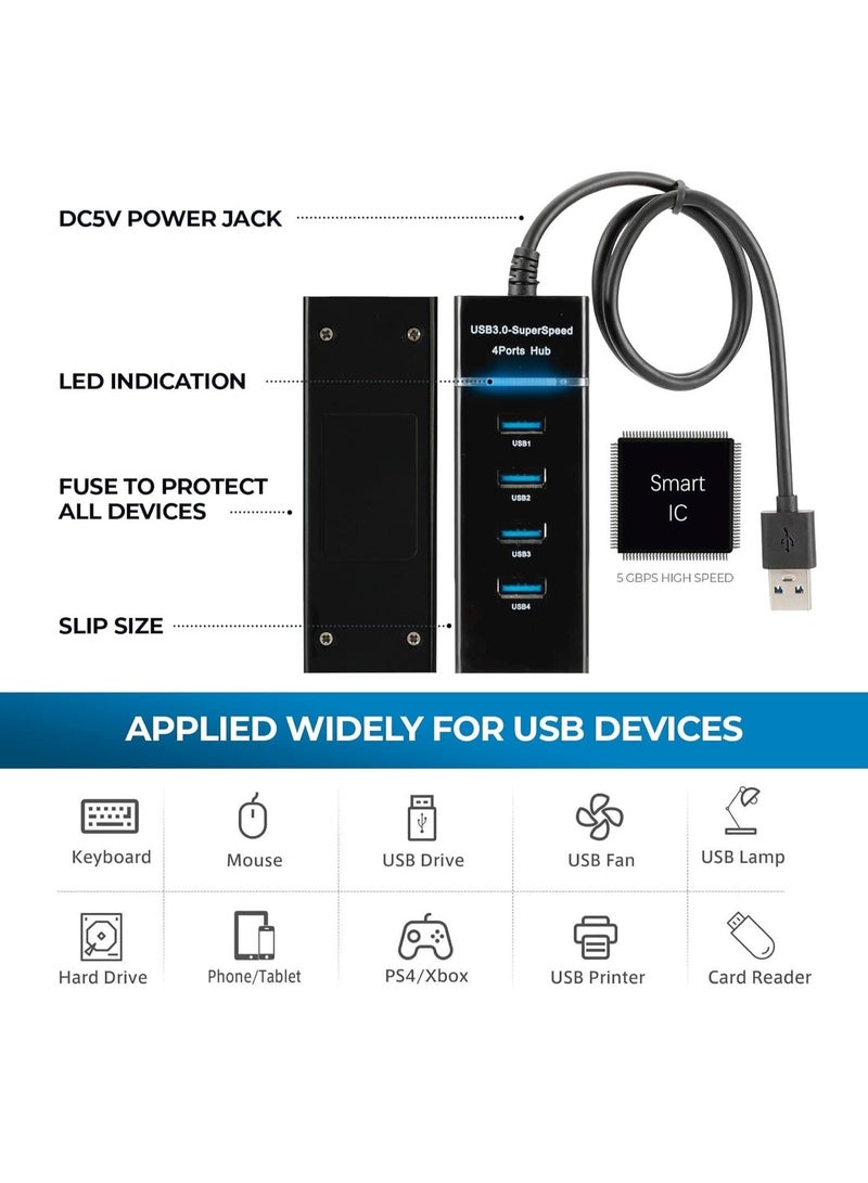 موزع USB 3.0 محمول بأربعة منافذ، سرعة فائقة 5 جيجابت في الثانية / USB 2.0 480 ميجابت في الثانية، محول LED فائق النحافة لأجهزة الكمبيوتر الشخصية واللاب توب والدفتر وأجهزة USB - أسود - Image 5
