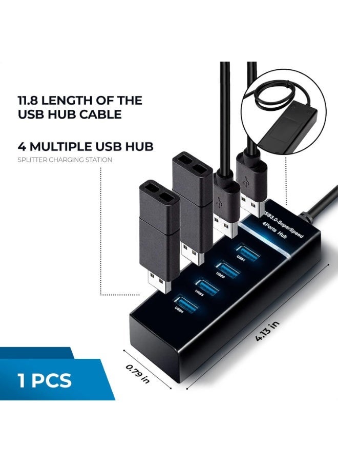موزع USB 3.0 محمول بأربعة منافذ، سرعة فائقة 5 جيجابت في الثانية / USB 2.0 480 ميجابت في الثانية، محول LED فائق النحافة لأجهزة الكمبيوتر الشخصية واللاب توب والدفتر وأجهزة USB - أسود - Image 4