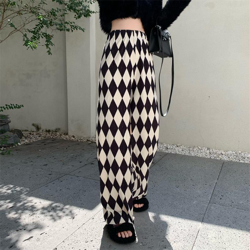 Black And White Rhomboid Casual Pants Women'S All-Match Loose Wide-Leg Pants Street Fashion New Pleated Style Trousers - Image 2