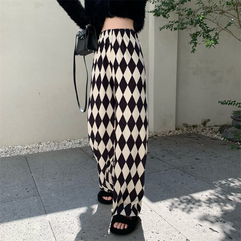 Black And White Rhomboid Casual Pants Women'S All-Match Loose Wide-Leg Pants Street Fashion New Pleated Style Trousers - Image 1