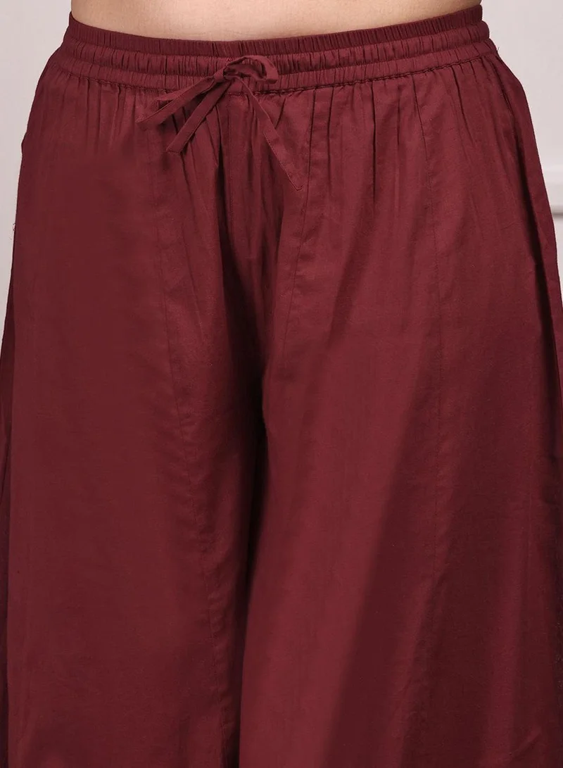 ISHIN Women's Maroon 100% Cotton Embellished Tunic Full Length Palazzo Straight Fit Kurta Set