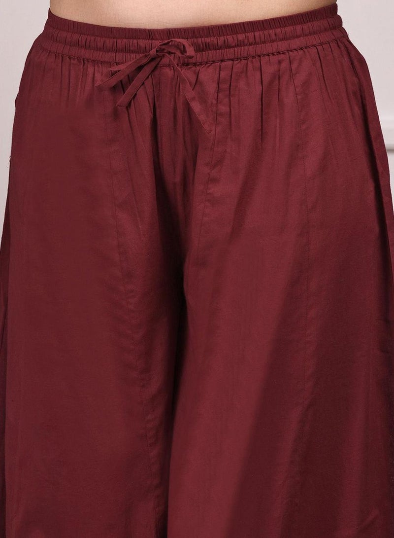 ISHIN Women's Maroon 100% Cotton Embellished Tunic Full Length Palazzo Straight Fit Kurta Set  - Image 3