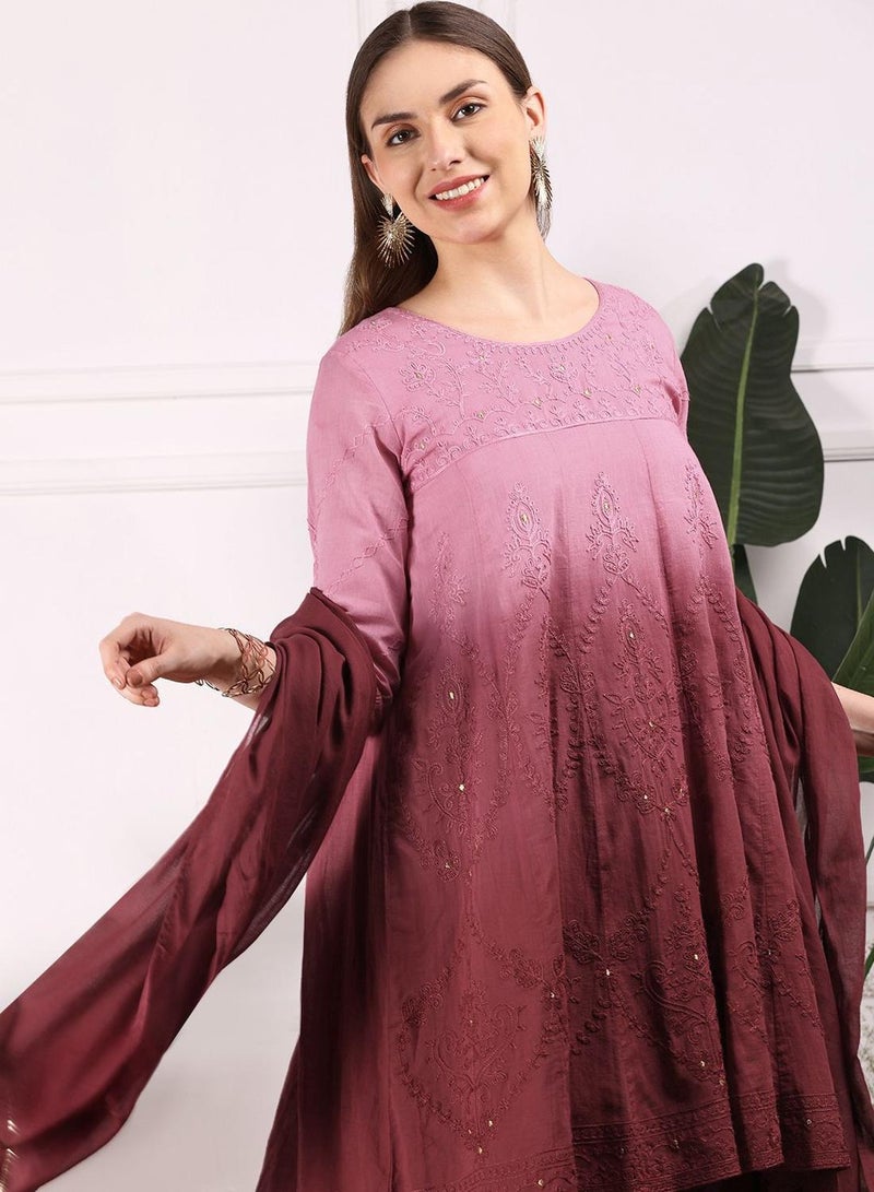ISHIN Women's Maroon 100% Cotton Embellished Tunic Full Length Palazzo Straight Fit Kurta Set  - Image 2
