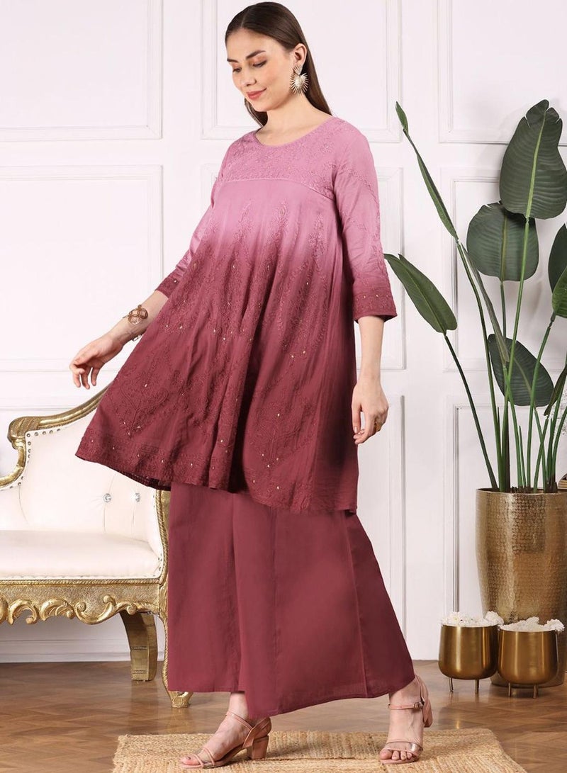ISHIN Women's Maroon 100% Cotton Embellished Tunic Full Length Palazzo Straight Fit Kurta Set  - Image 5