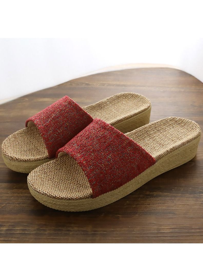 Loquat Simple Style Thick soled Flax Flat Slippers Non Slip Linen Indoor Slippers Open Toe Red 