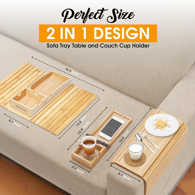 AuroraSynth Bamboo Couch Cup Holder Tray with 2 Cork Coasters, Caddy, Anti-Slip Foldable Armrest Sofa Tray, Anti-Spill Holder for Remote, Snacks, Cellphone - Ideal Gift - Image 3