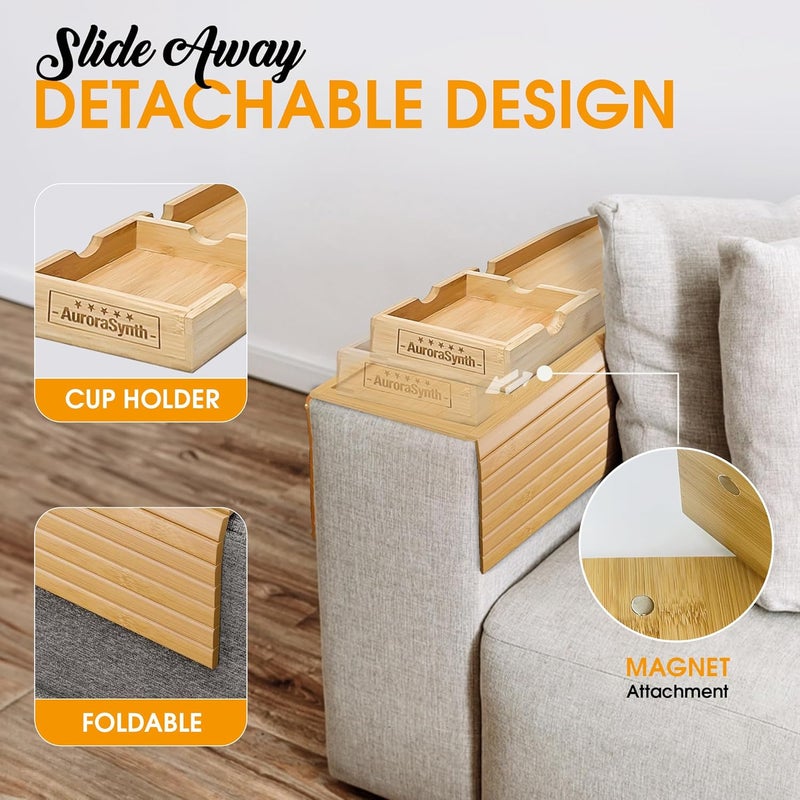 AuroraSynth Bamboo Couch Cup Holder Tray with 2 Cork Coasters, Caddy, Anti-Slip Foldable Armrest Sofa Tray, Anti-Spill Holder for Remote, Snacks, Cellphone - Ideal Gift - Image 2