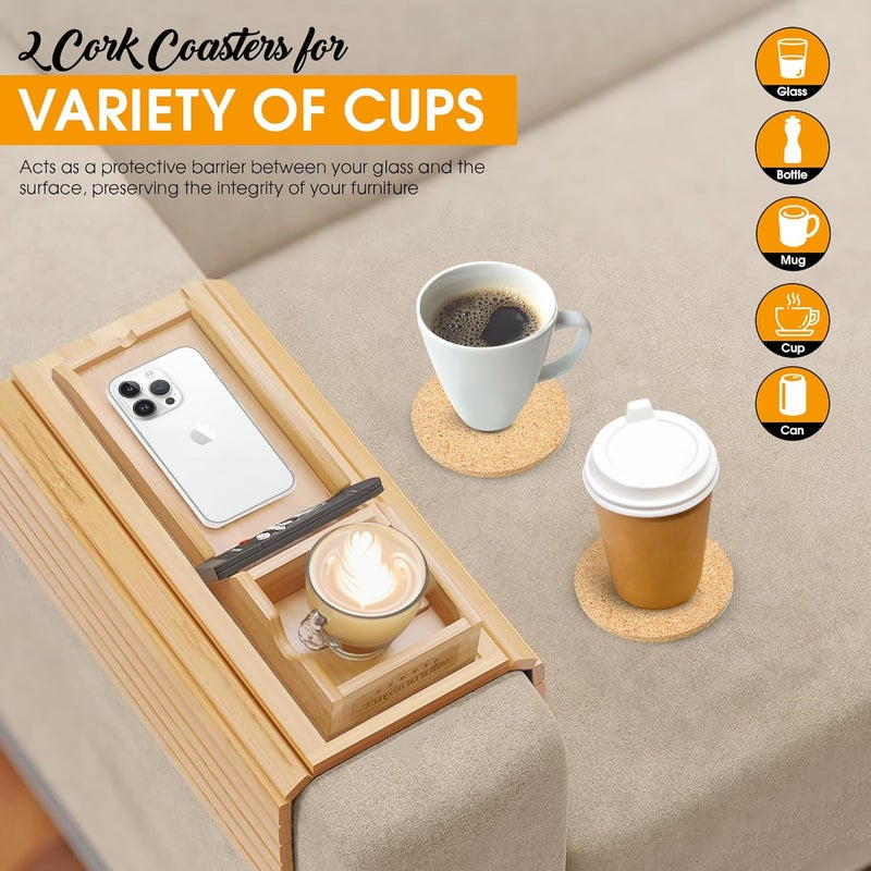 AuroraSynth Bamboo Couch Cup Holder Tray with 2 Cork Coasters, Caddy, Anti-Slip Foldable Armrest Sofa Tray, Anti-Spill Holder for Remote, Snacks, Cellphone - Ideal Gift - Image 4