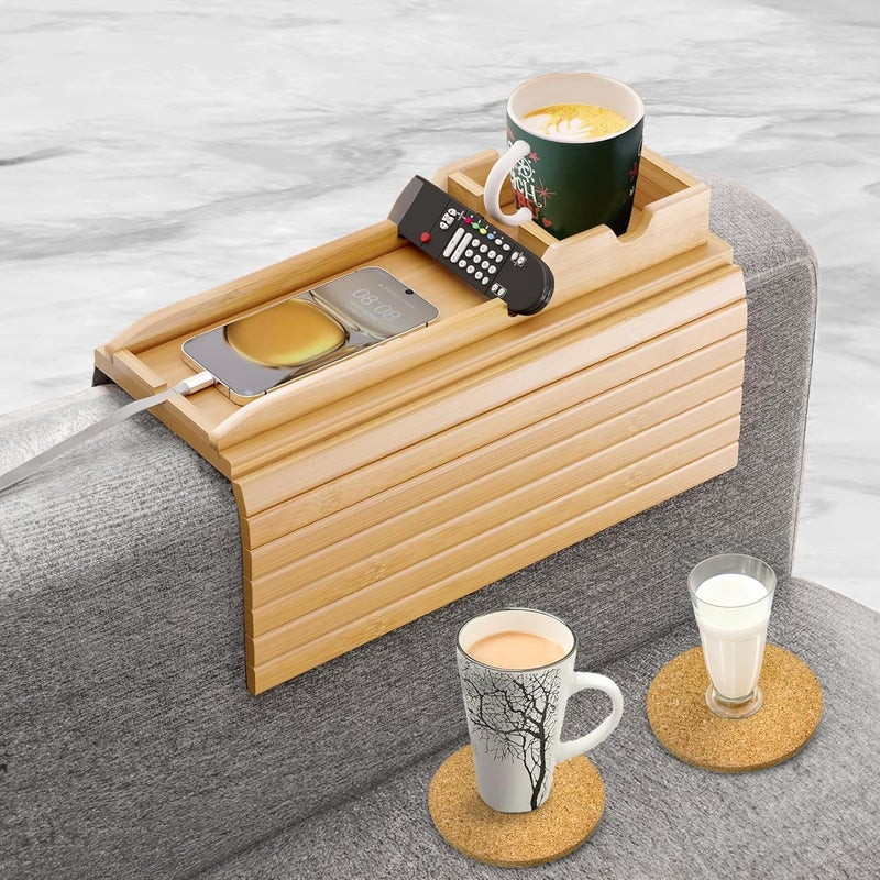AuroraSynth Bamboo Couch Cup Holder Tray with 2 Cork Coasters, Caddy, Anti-Slip Foldable Armrest Sofa Tray, Anti-Spill Holder for Remote, Snacks, Cellphone - Ideal Gift - Image 1