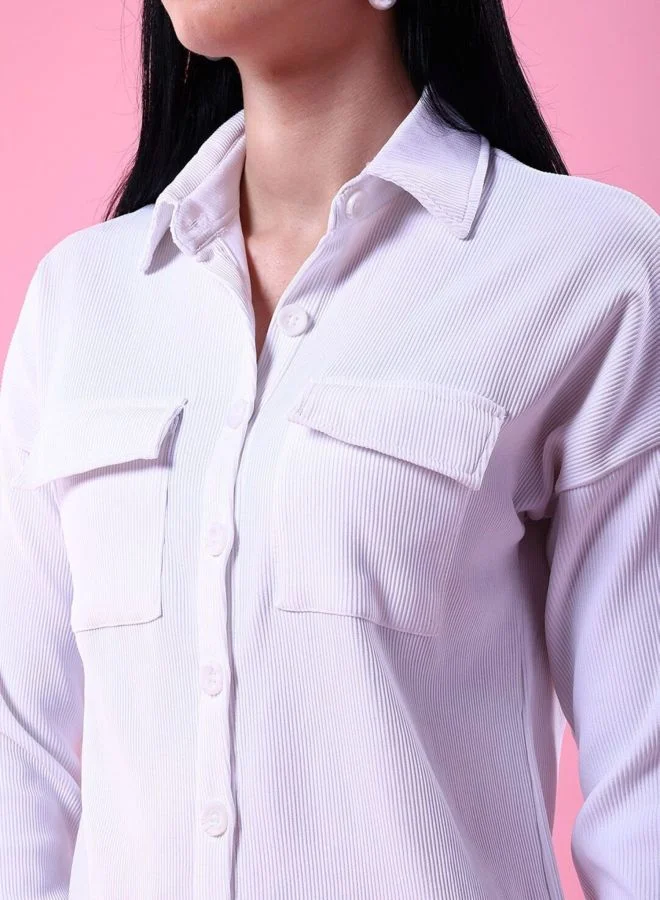 مرفوعة Women Boxy Fit Solid Shirt Collar Long Sleeve Shirt