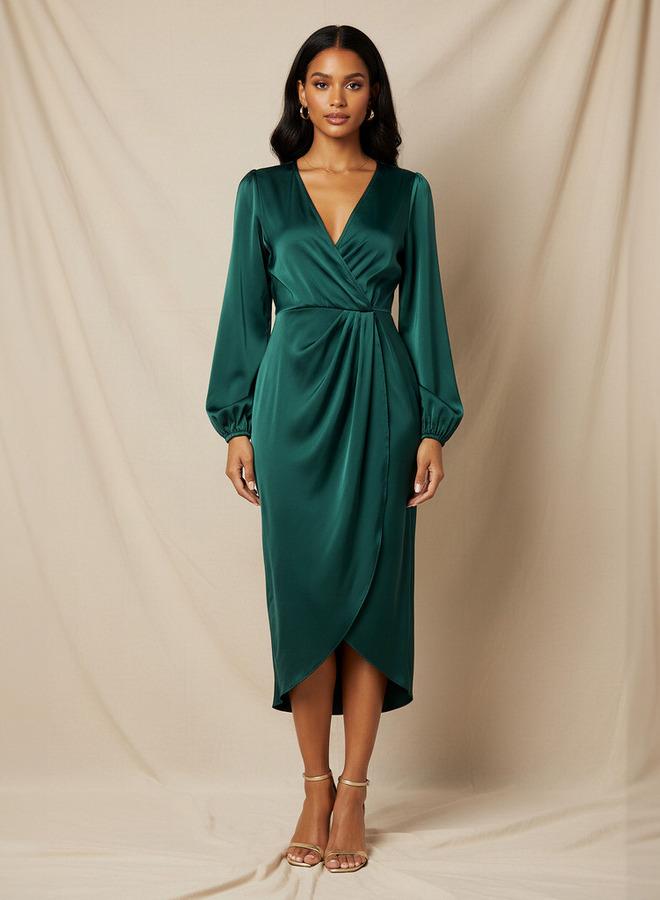 سبلاش فيڤ فستان ميدي ملفوف بأكمام منتفخة من البوليستر - Image 1