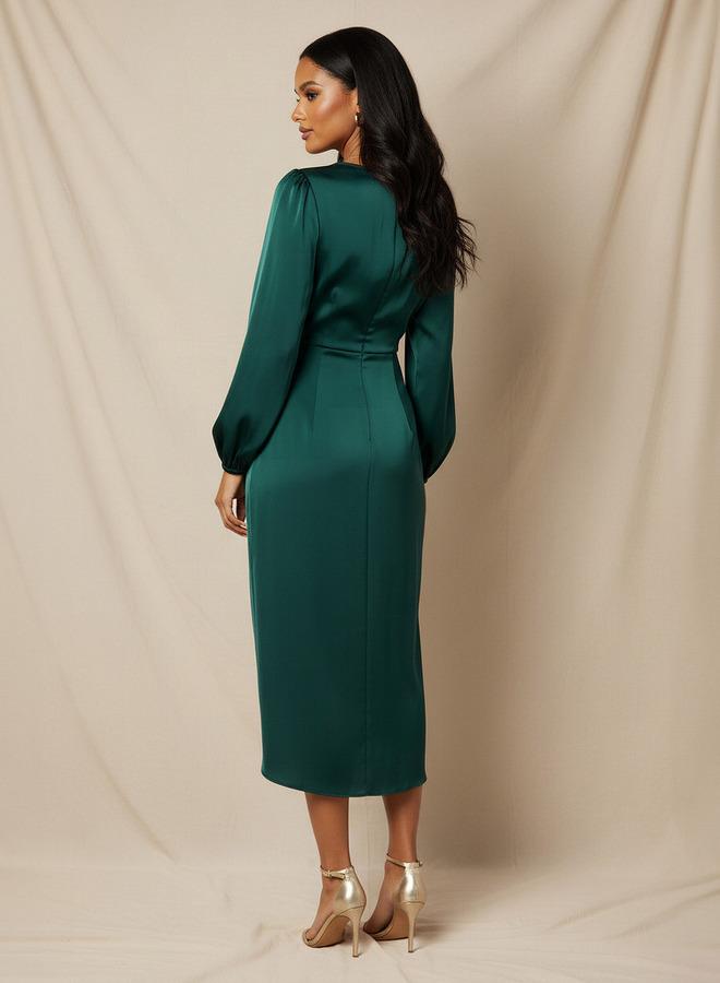 سبلاش فيڤ فستان ميدي ملفوف بأكمام منتفخة من البوليستر - Image 3