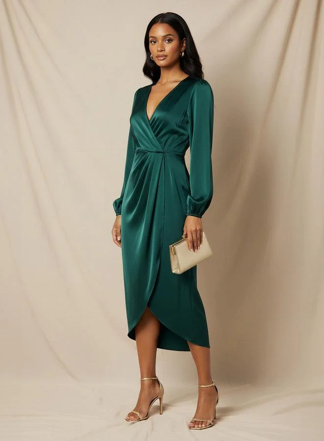 Splash FAV Wrap Midi Satin Dress with Puff Sleeves