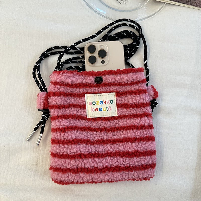 Plush Mobile Phone Bag Korean Style Cute Shoulder Crossbody Bag Imitation Lamb Wool Coin Purse Red Bag Storage - Image 4