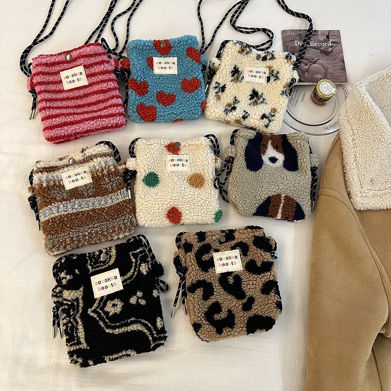 Plush Mobile Phone Bag Korean Style Cute Shoulder Crossbody Bag Imitation Lamb Wool Coin Purse Red Bag Storage - Image 2