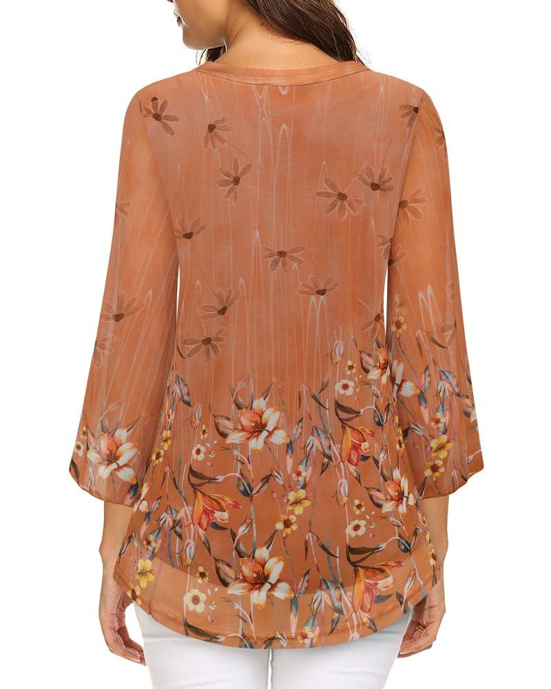 VALOLIA Women's Dressy Tops: 3/4 Sleeve - Womens Floral Casual Blouse - Comfort Slimming Tunic Pretty V Neck Cute Beautiful Blouses for Wedding Loose Fit Flowing Shirt for Fall Autumn Orange Medium - Image 4