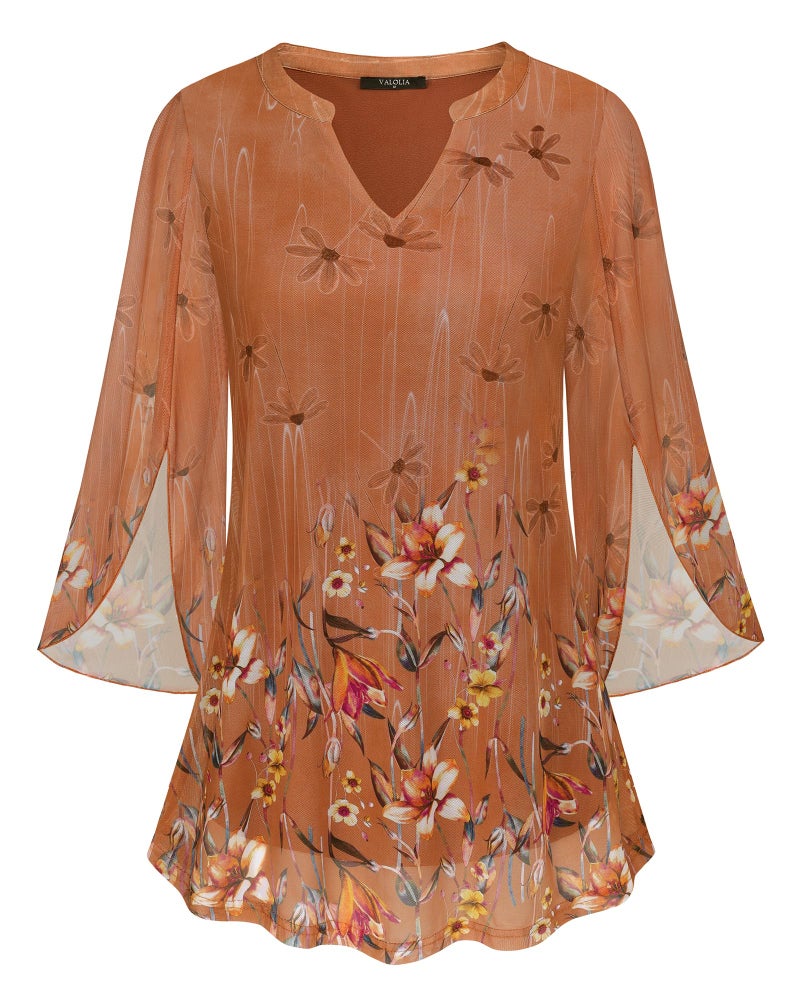 VALOLIA Women's Dressy Tops: 3/4 Sleeve - Womens Floral Casual Blouse - Comfort Slimming Tunic Pretty V Neck Cute Beautiful Blouses for Wedding Loose Fit Flowing Shirt for Fall Autumn Orange Medium - Image 2