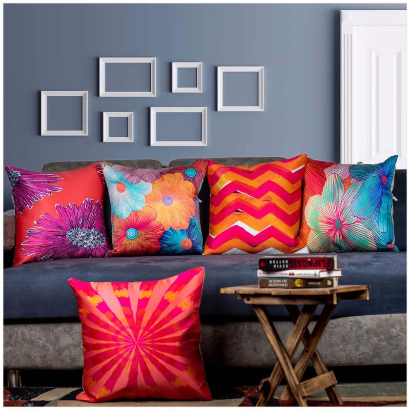 Vendola Decorative Satin 250TC Sofa Cushion Pillow Covers, Multicolor, Set of 5 Floral Cushion Covers(Florence,24x24 Inches) - Image 1