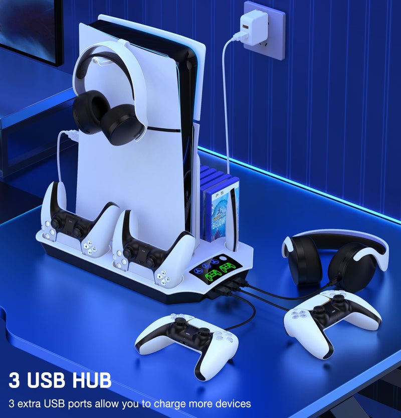 Svetaecho PS5 Slim Stand and Turbo Cooling Station with Controllers Charger Station for Playstation 5, PS5 Pro Console Accessories with 3 Levels Cooling Fan 13-Game Organizer Headset Holder for PS5 Digital/Disc - Image 5
