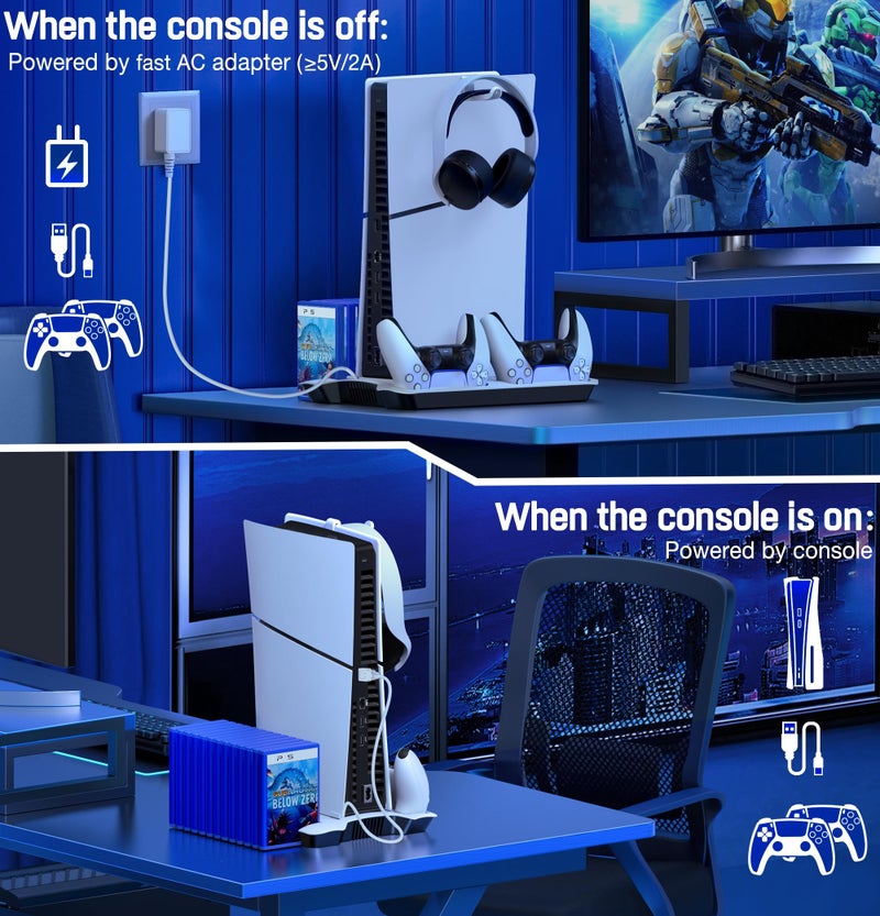 Svetaecho PS5 Slim Stand and Turbo Cooling Station with Controllers Charger Station for Playstation 5, PS5 Pro Console Accessories with 3 Levels Cooling Fan 13-Game Organizer Headset Holder for PS5 Digital/Disc - Image 4