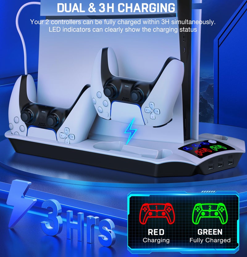 Svetaecho PS5 Slim Stand and Turbo Cooling Station with Controllers Charger Station for Playstation 5, PS5 Pro Console Accessories with 3 Levels Cooling Fan 13-Game Organizer Headset Holder for PS5 Digital/Disc - Image 3
