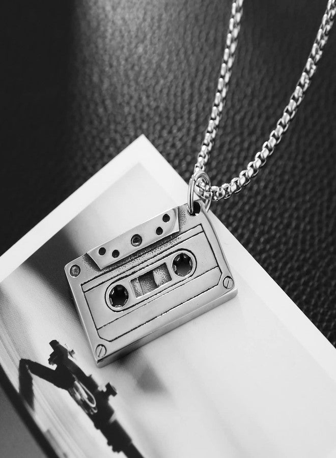 HZMAN Double Sided Stainless Steel Vintage Tape Necklace Hip Hop Pendant 22+2 Inch Box Chain - Image 2