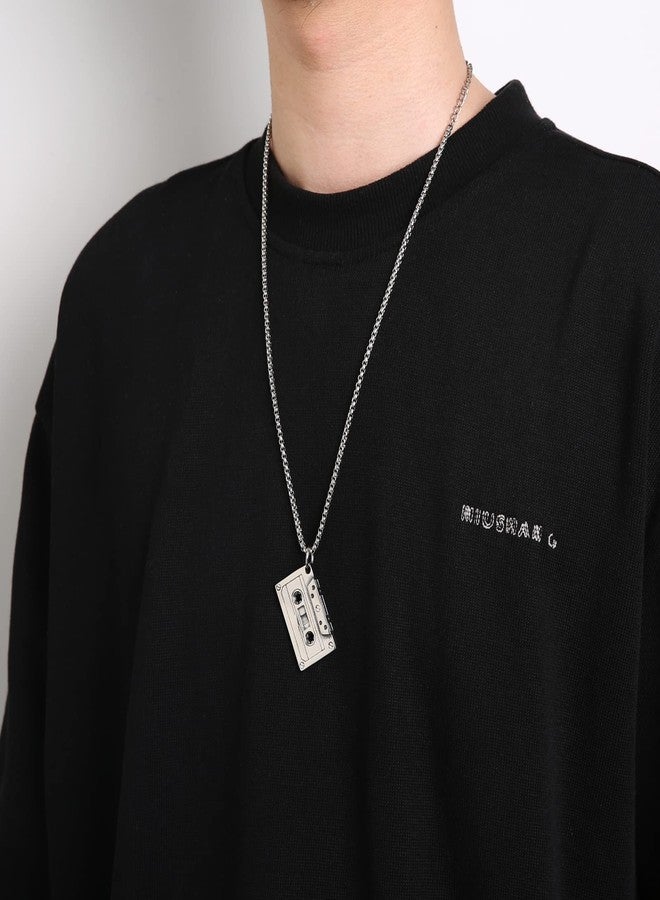 HZMAN Double Sided Stainless Steel Vintage Tape Necklace Hip Hop Pendant 22+2 Inch Box Chain - Image 4