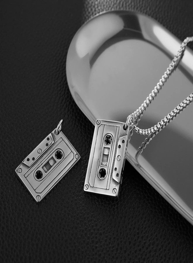HZMAN Double Sided Stainless Steel Vintage Tape Necklace Hip Hop Pendant 22+2 Inch Box Chain - Image 3