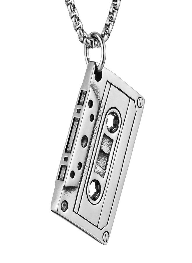 HZMAN Double Sided Stainless Steel Vintage Tape Necklace Hip Hop Pendant 22+2 Inch Box Chain - Image 1
