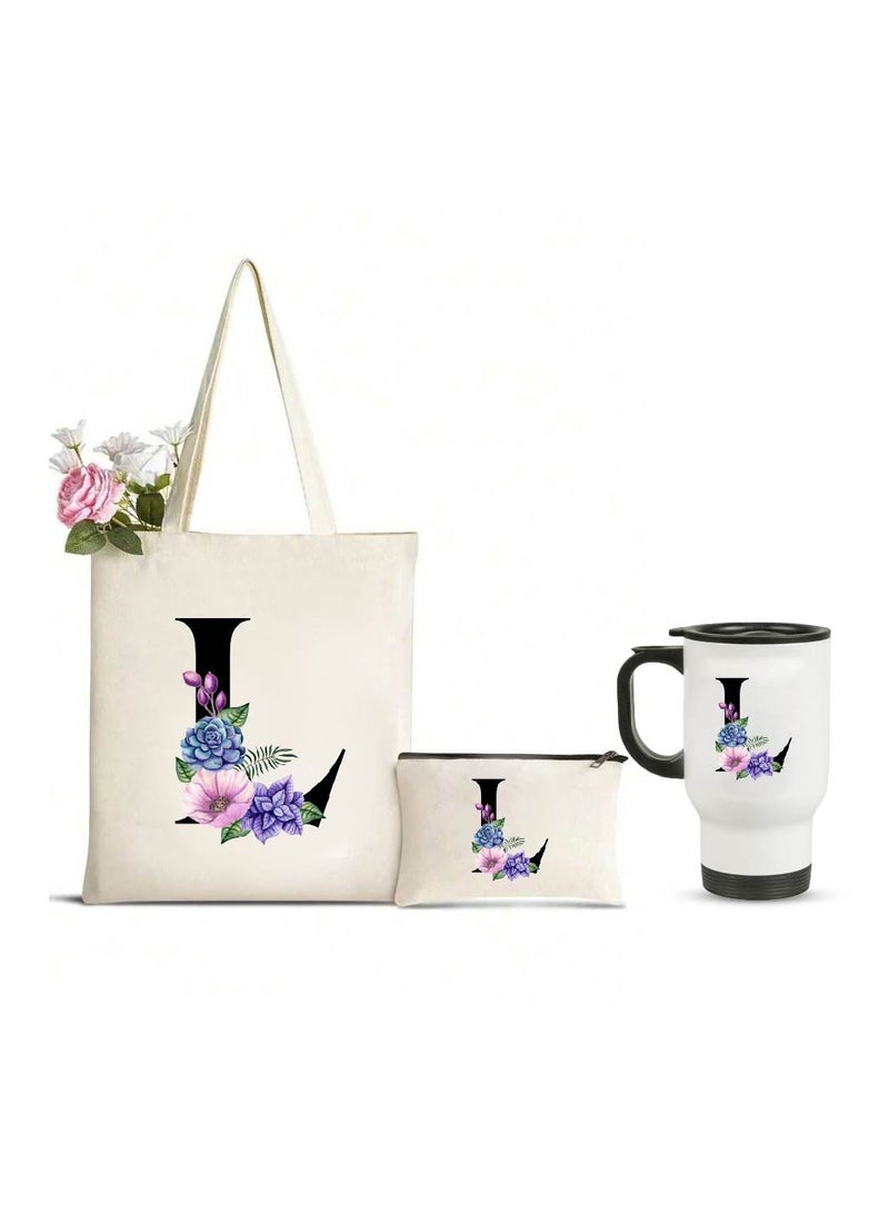 PRINTSHOP4ME Initial Letters Canvas Cotton Tote Bag, Cosmetic Pouch, and Stainless Steel Travel Mug - A Stylish Pack of 3 Combo Set for Girls - Gift for wedding - Gifts for girls - Gift for friends  - Image 1