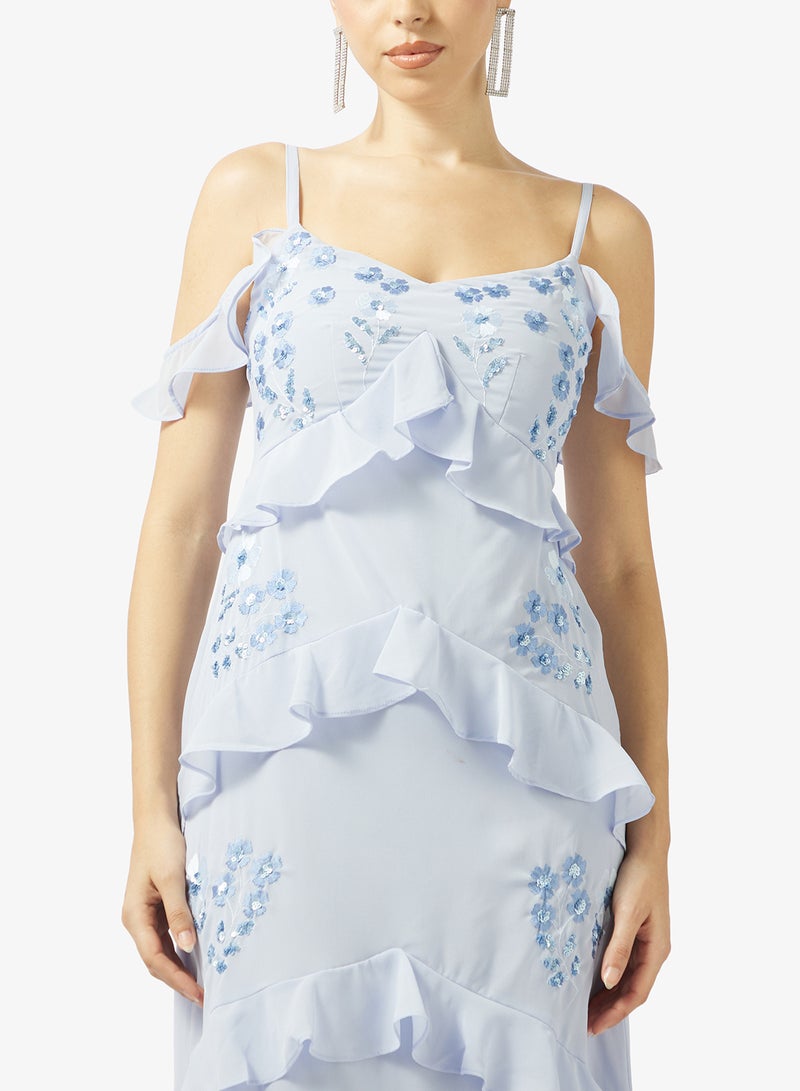 مايا فستان ماكسي مطرز بكتف مكشوف وكشكشة - Image 3