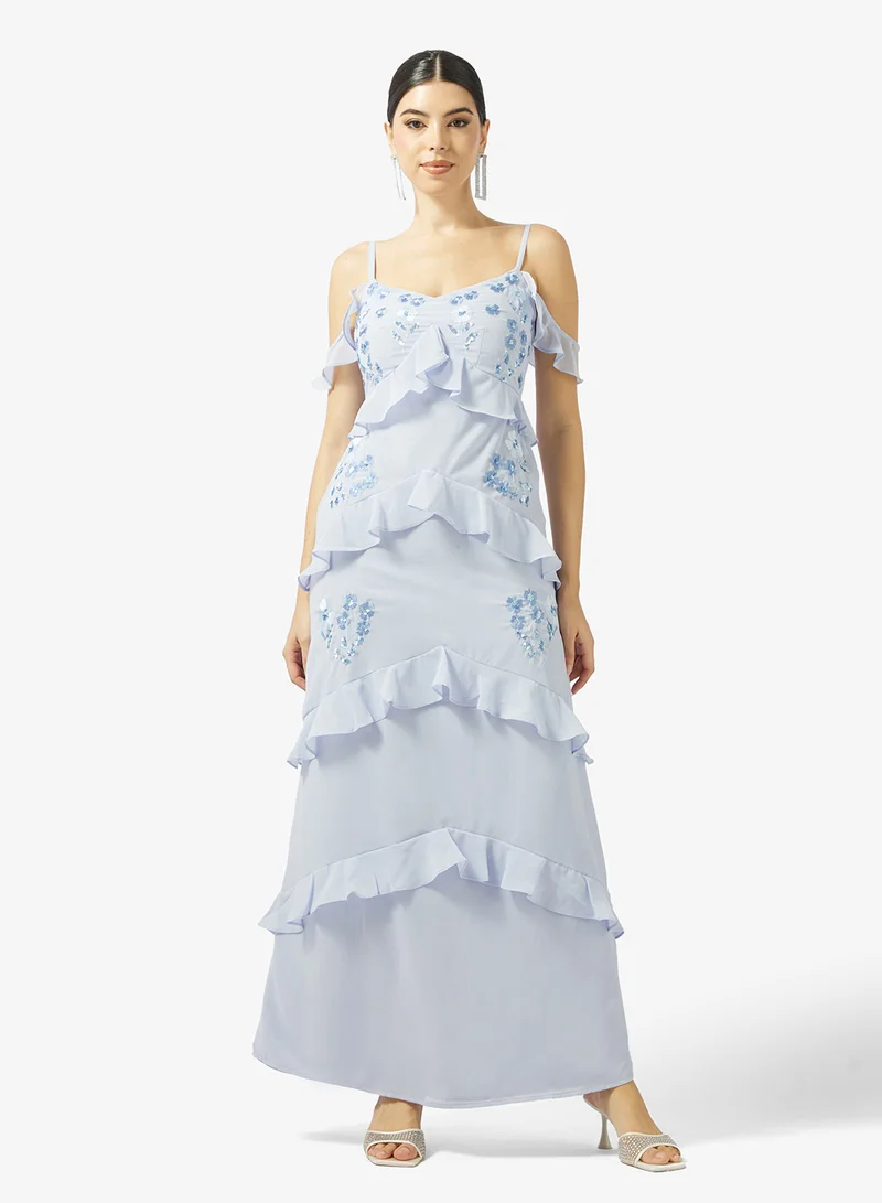 Maya Cold Shoulder Embroidered Maxi With Ruffles